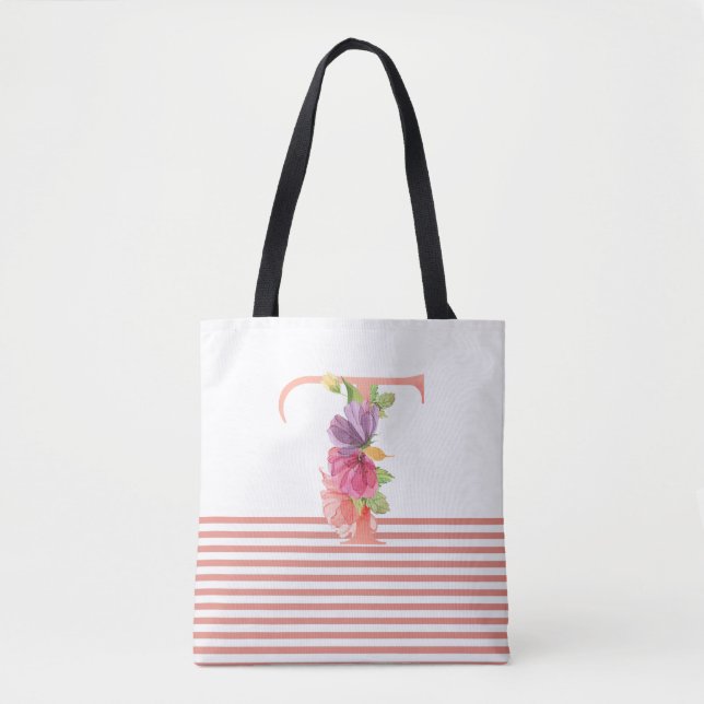 Hübscher Blumenbuchstabe "T" rosa Streifen Tasche (Vorderseite)