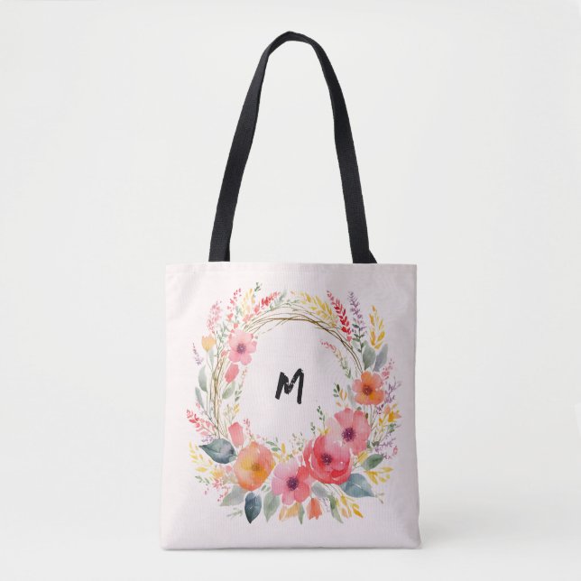 Hübscher Blumenreath Mit Monogramm Elegante Tasche (Vorderseite)