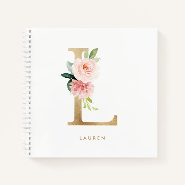 Hübscher Blush Floral Gold Brief L Monogramm Notizbuch (Vorderseite)
