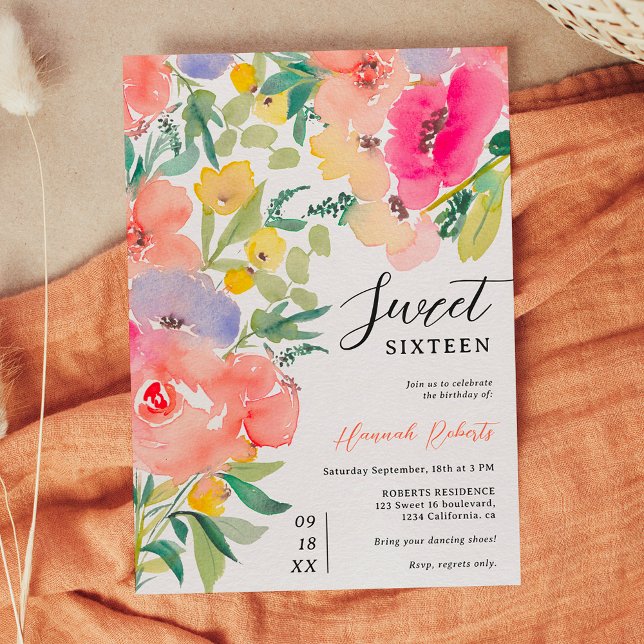 Hübscher bohoner Garten Blumenstrauß 16 Einladung (Bright bold boho garden floral Sweet 16 Invitation)