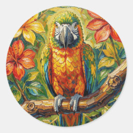 Hübscher bunter Impasto-Papagei und tropische Blum Runder Aufkleber