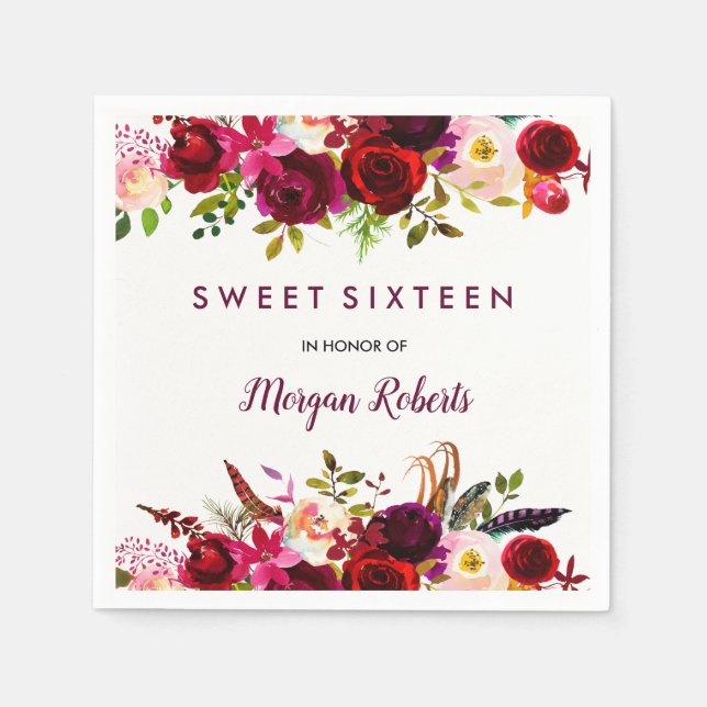 Hübscher Burgund Rote Flora Sweet 16 Serviette (Vorderseite)