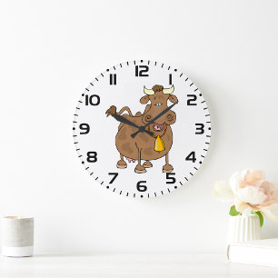 Hübscher Cartoon Braune Kuh mit Glockenfarm Große Wanduhr