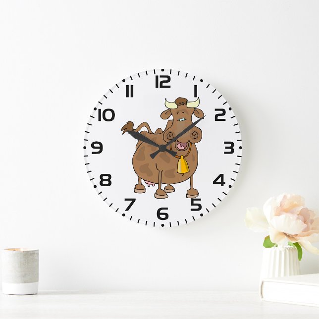 Hübscher Cartoon Braune Kuh mit Glockenfarm Große Wanduhr (Von Creator hochgeladen)