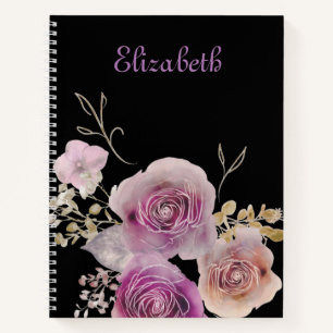 Hübscher Chic Rustikal Schwarz und Lila Blumen Notizbuch