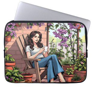 Hübscher Dame Drinking Coffee Relaxen im Freien Laptopschutzhülle