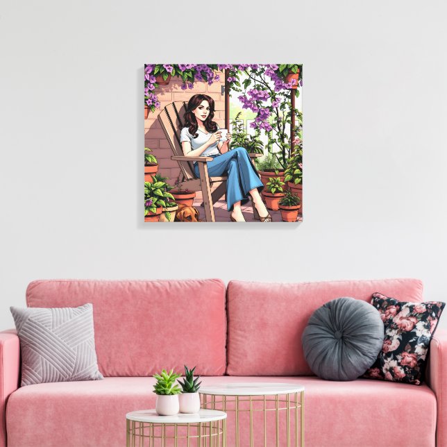 Hübscher Dame Drinking Coffee Relaxen im Freien Leinwanddruck (Insitu (Wohnzimmer))