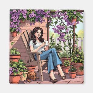 Hübscher Dame Drinking Coffee Relaxen im Freien Magnet