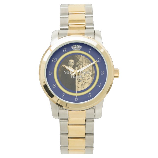 Hübscher Diamant-Hochzeitsring mit Foto auf blau Armbanduhr (Vorderseite)