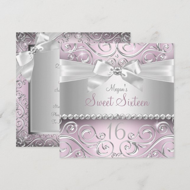 Hübscher Diamantbogen und Sparkle Swirl 16 . Gebur Einladung (Vorne/Hinten)