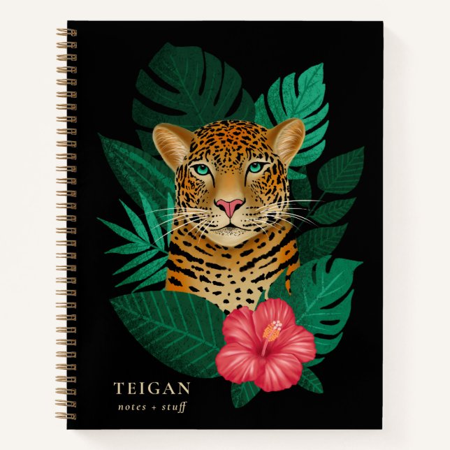 Hübscher Dschungel Leopard | Schwarz | Name Notizbuch (Vorderseite)