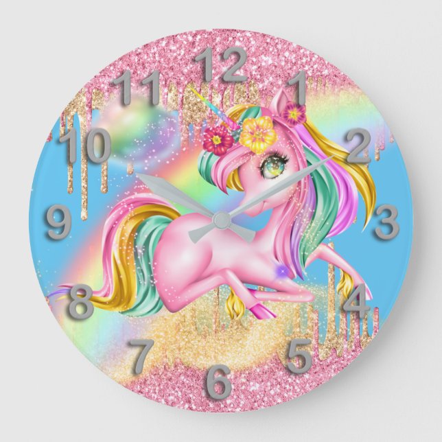 Hübscher, einhornrosa Glitzer Regenbogenmagie Große Wanduhr (Vorderseite)