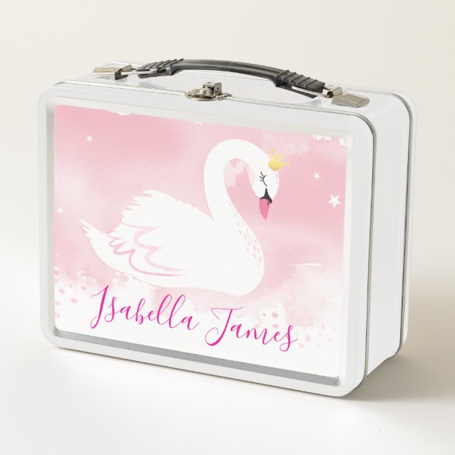 HÜBSCHER, eleganter Schwan, Aquarellpink Metall Brotdose (Vorderseite)