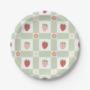 Hübscher Erdbeer-Gingham-Papierteller in Pastellgr Pappteller