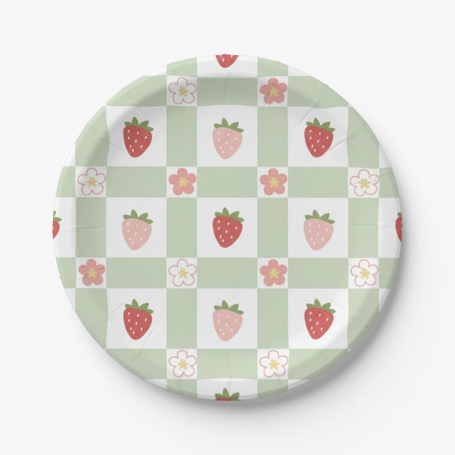 Hübscher Erdbeer-Gingham-Papierteller in Pastellgr Pappteller (Vorderseite)
