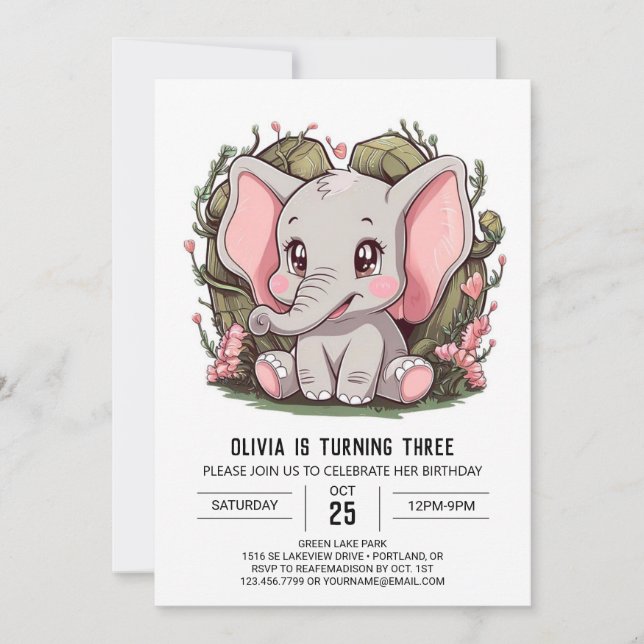 Hübscher farbiger Elefant Digital Geburtstag Einladung (Vorderseite)