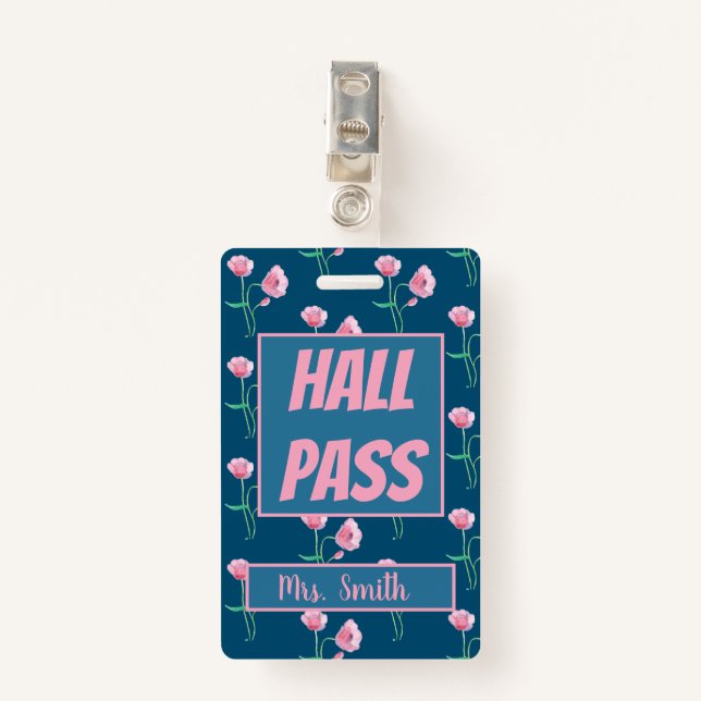Hübscher floraler Hall-Pass mit Namen Ausweis (Vorderseite mit Klammer)