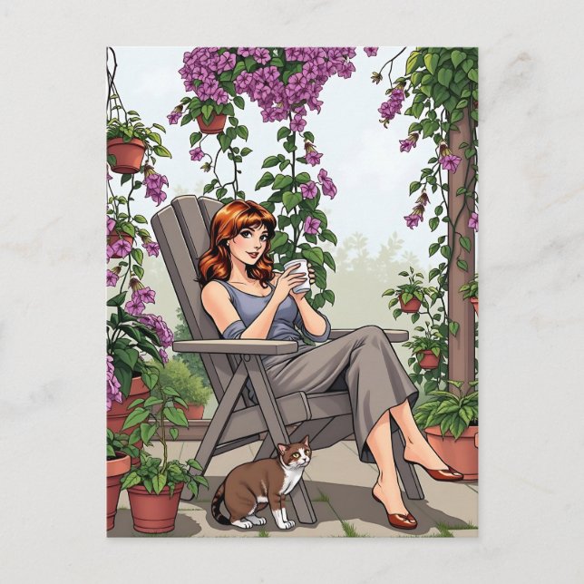Hübscher Frauenkaffee, Ihr Hund und Pflanze Postkarte (Vorderseite)
