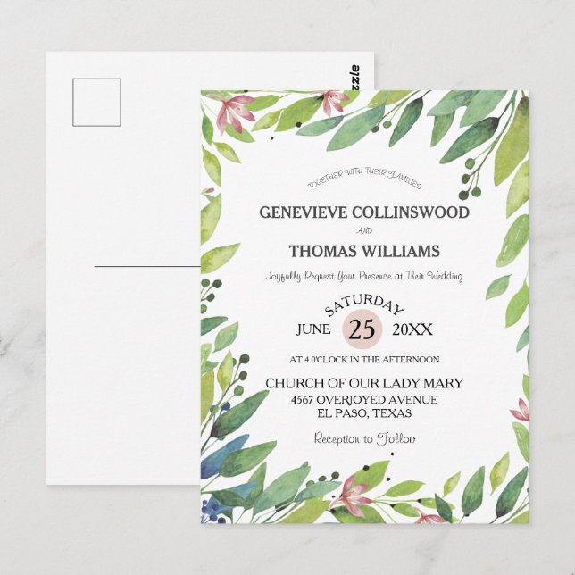 Hübscher Frühling Botanischer Rosa Hochzeit einlad Postkarte (Vorne/Hinten)