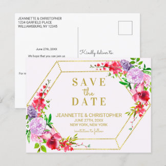 Hübscher Frühling Floral Gold Geometrie Save the D Ankündigungspostkarte