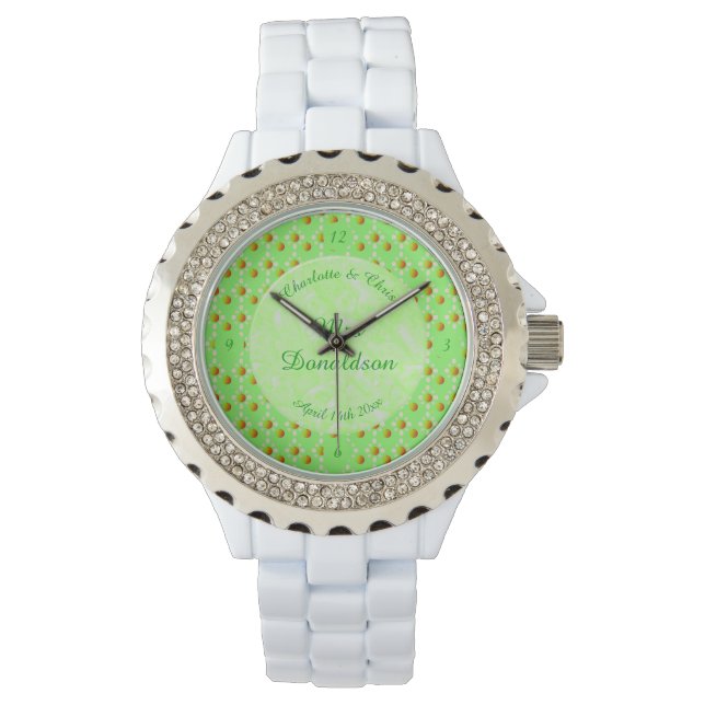 Hübscher Frühling Hochzeit Apfelblüte und Äpfel Armbanduhr (Vorderseite)