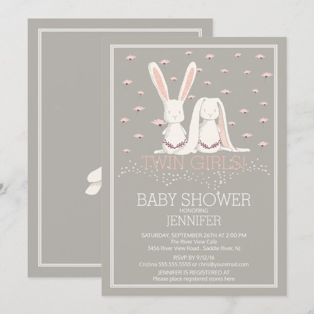 Hübscher Frühling Pink TWIN Girls Bunny Baby Dusch Einladung (Vorne/Hinten)