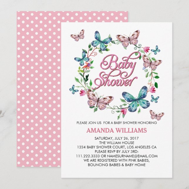 Hübscher Frühlingskreit und Butterfly BABY SHOWER Einladung (Vorne/Hinten)