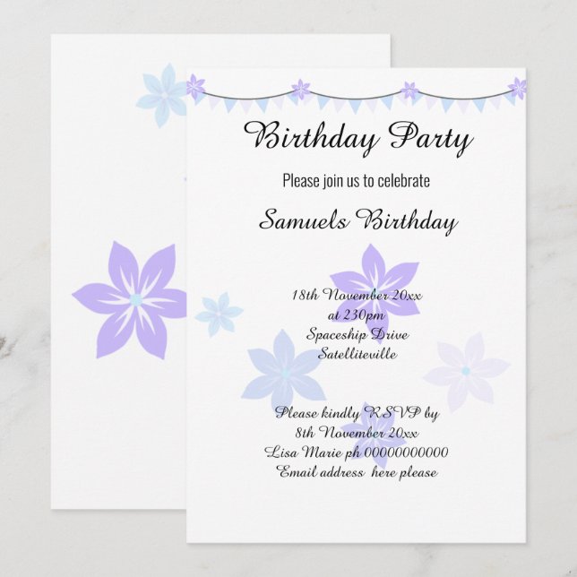 HÜBSCHER GARLAND BLAU LILA GEBURTSTAG EINLADEN EINLADUNG (Vorne/Hinten)