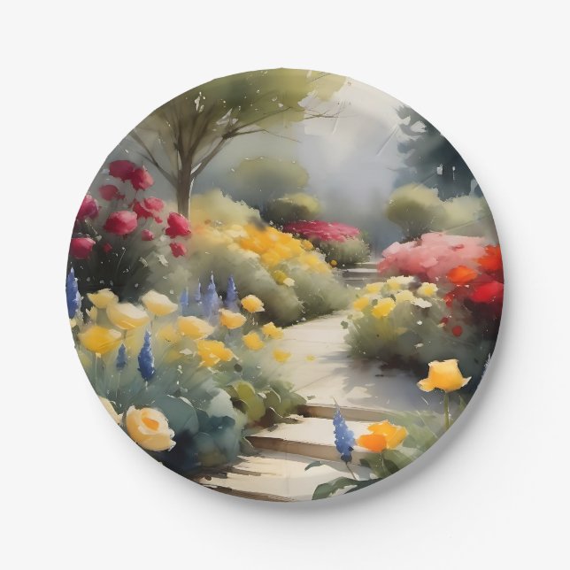 Hübscher Garten mit Rosenblumen Pappteller (Vorderseite)