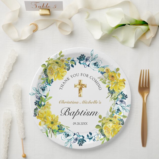 Hübscher Gelbblütengold-Cross-Taufen Empfang Pappteller (Hochzeit)