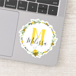 Hübscher gelber Monogrammwatercolor-BienenWreath Aufkleber