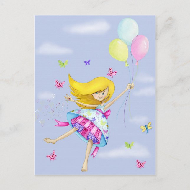 Hübscher Girl Balloon Luftflug mit Extravaganten G Postkarte (Vorderseite)