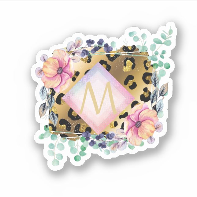 Hübscher Girl Leopard Print Gold Pink Mit Monogram Aufkleber (Vorderseite)