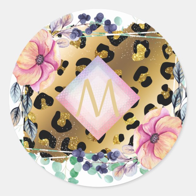 Hübscher Girl Leopard Print Gold Pink Mit Monogram Runder Aufkleber (Vorderseite)