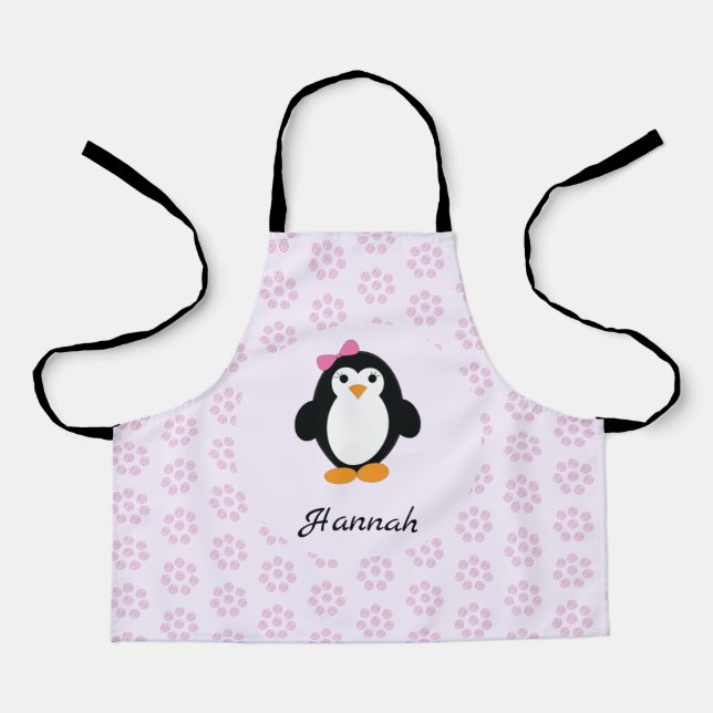 Hübscher Girl Pinguin mit rosa Daisy Hintergrund Schürze (Vorderseite)