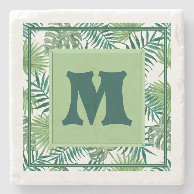 Hübscher grüner Fern-Monogramm-M-Marmor-Stein-Unte Steinuntersetzer (Vorderseite)