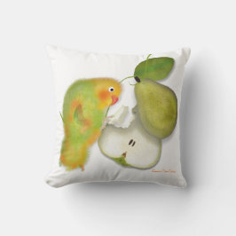 Hübscher, grüner Livebird, Papagei mit Birne. Kissen