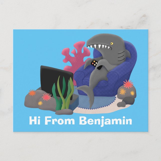 Hübscher Hai beim Fernsehen Cartoon Postkarte (Vorderseite)