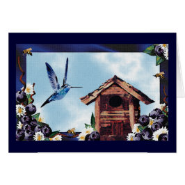 Hübscher Hummingbird, Birdhouse und Blueberries
