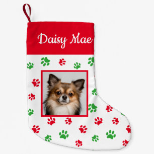 Hübscher Hund Name Foto Rote und Grüne Pfotenabdrü Kleiner Weihnachtsstrumpf