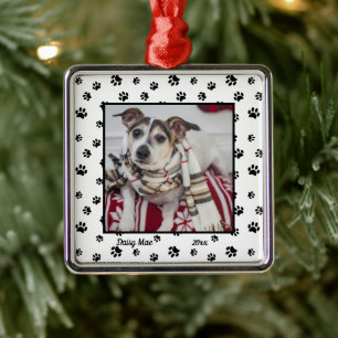 Hübscher Hundename und Jahr mit Foto Schwarze Pfot Silbernes Ornament