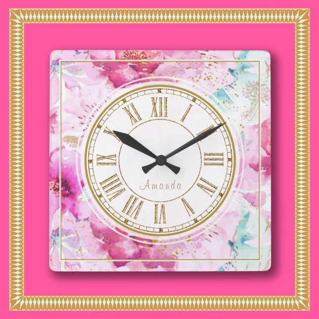 Hübscher Individuelle Name Blumenrosa Quadratische Wanduhr (Custom Wall Clock Pretty Pink Gold White Blue from the Loud and Sassy store. Cute, Girly, Chic Luxe.)