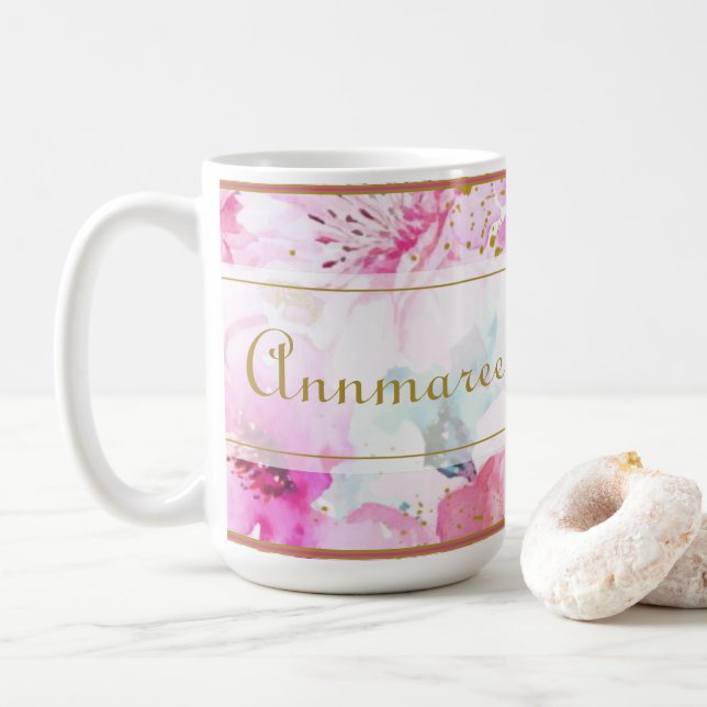 Hübscher Individuelle Name Blütenrosa und goldfarb Kaffeetasse (Mit Donut)