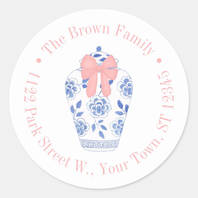 Hübscher Ingwer Jar mit rosa Rücksendeadresse Runder Aufkleber (Vorderseite)