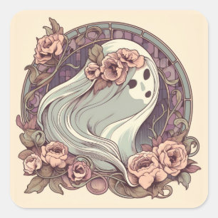 Hübscher Jugendstil-Geist mit Blume Spooky Quadratischer Aufkleber