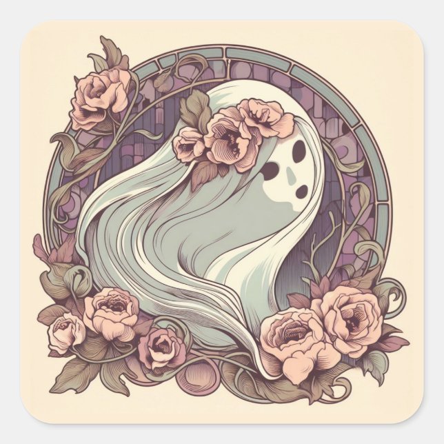 Hübscher Jugendstil-Geist mit Blume Spooky Quadratischer Aufkleber (Vorderseite)