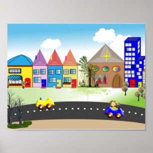 Hübscher Kleinstadt Bunter Kinderzimmer Poster Dru
