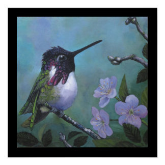 Hübscher Kolibri-Wanddesign Blaue Blumen Zweig Poster