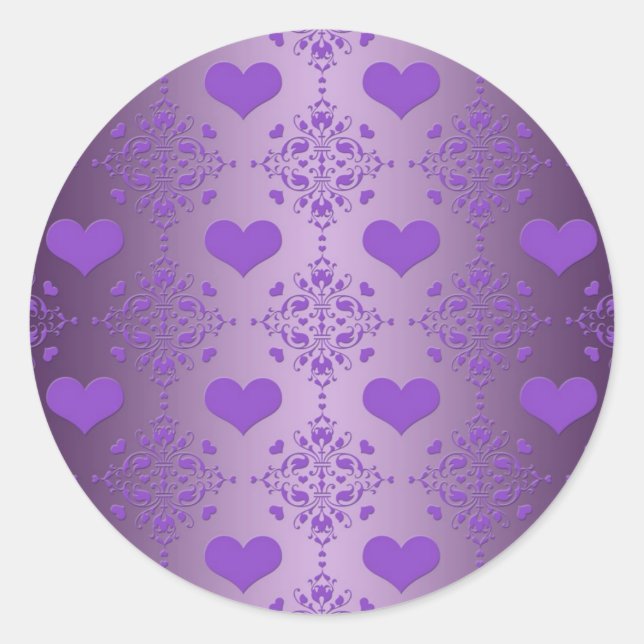 Hübscher Lavendel Lila Hearts Damask Runder Aufkleber (Vorderseite)