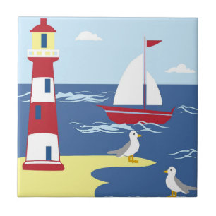 Hübscher Leuchtturm und Boot an der Küste Kunst Fliese